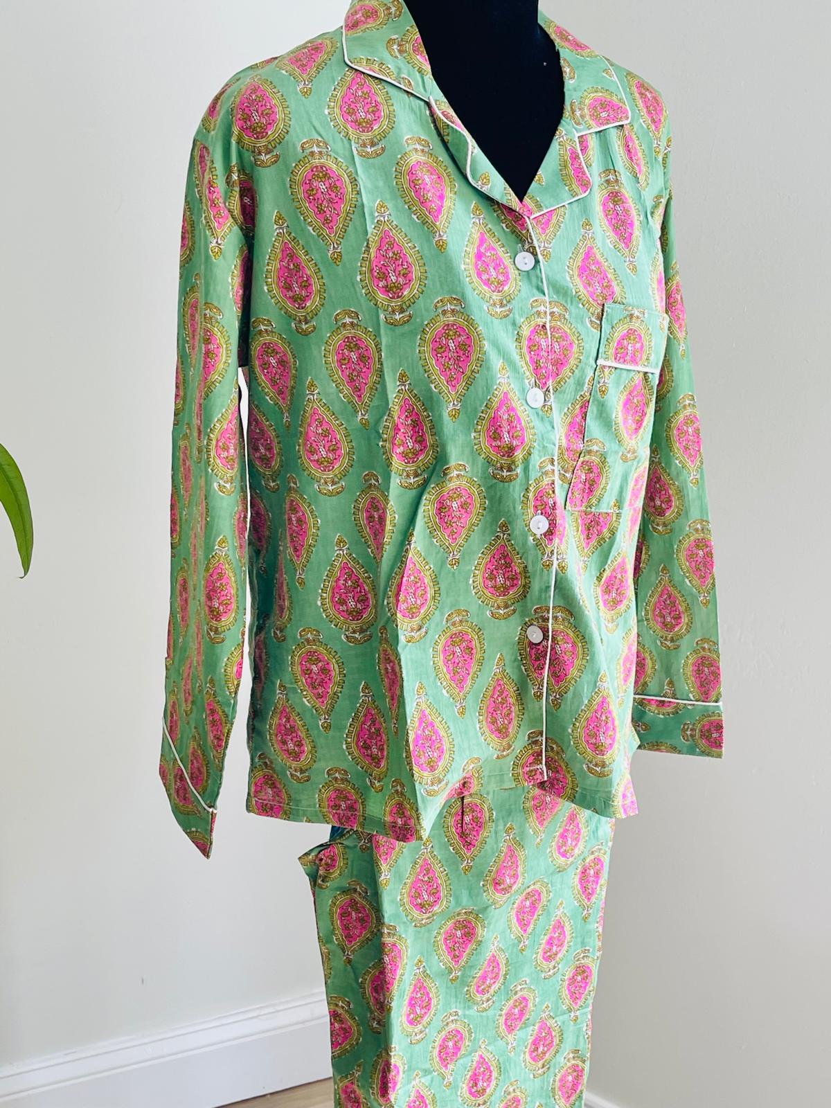 Green Block Printed Long PJ Set