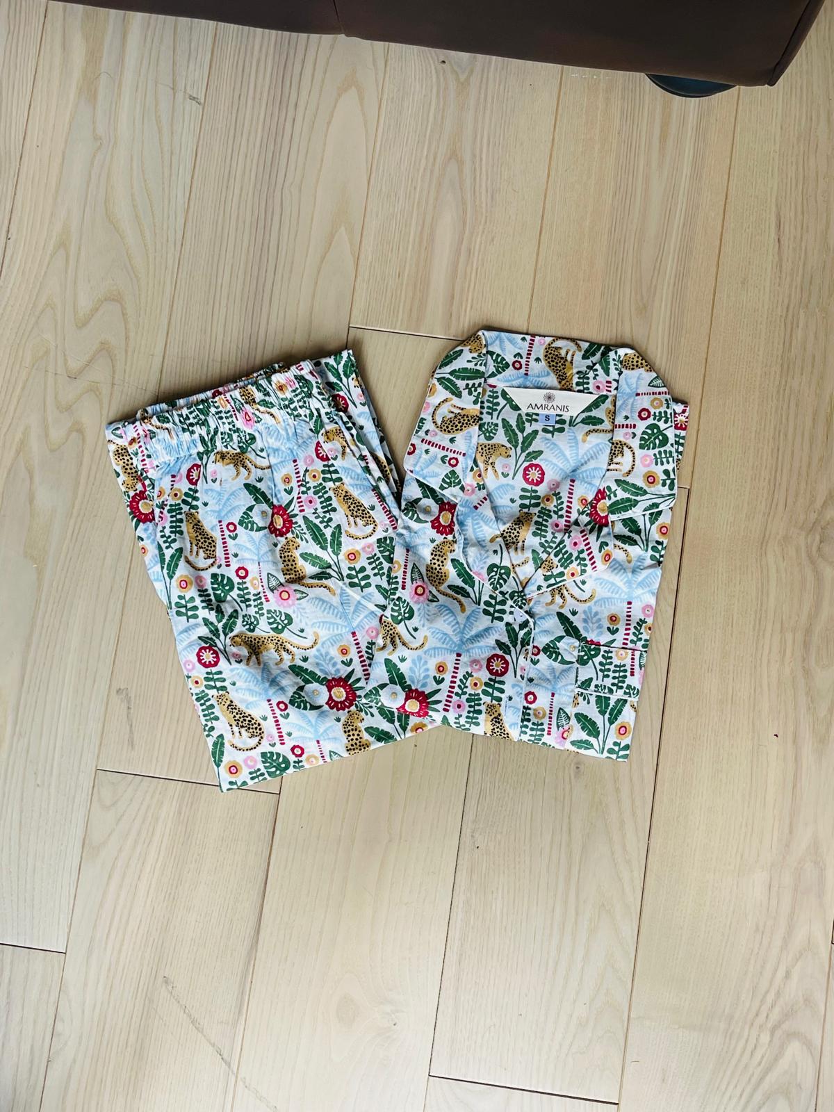 Multi-Color Leopard & Jungle Floral Print Cotton Pajama Set, Wild Safari Sleepwear & Lounge Apparel