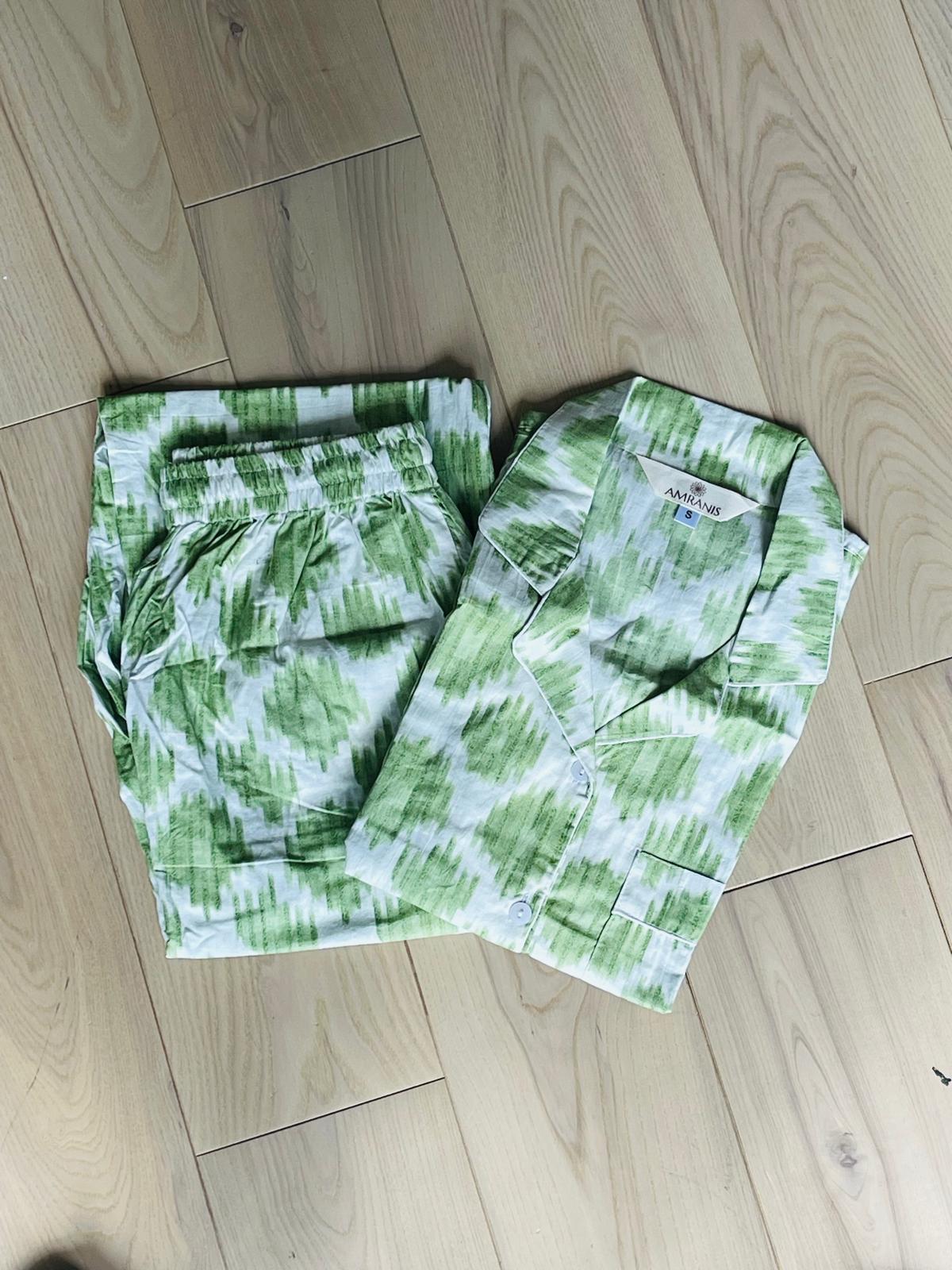 Green Hand Block Printed Long PJ Set
