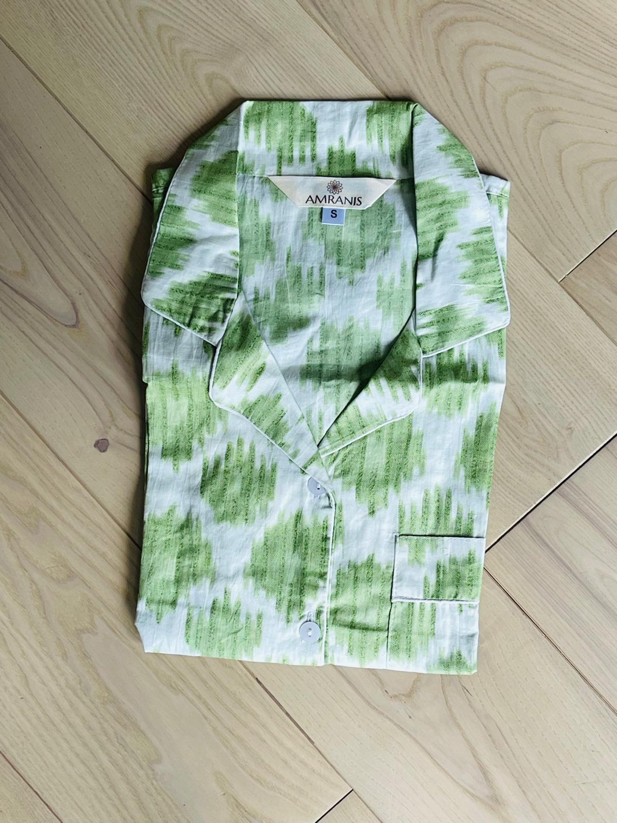 Green Hand Block Printed Long PJ Set