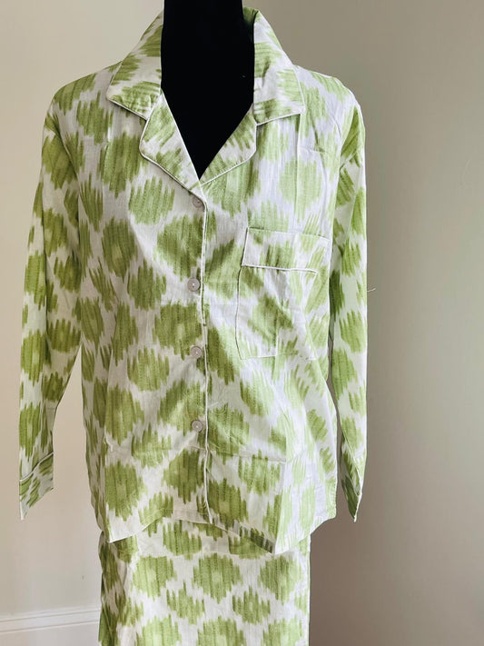 Green & White Abstract Ikat Cotton Pajama Set, Contemporary Sleepwear & Lounge Apparel