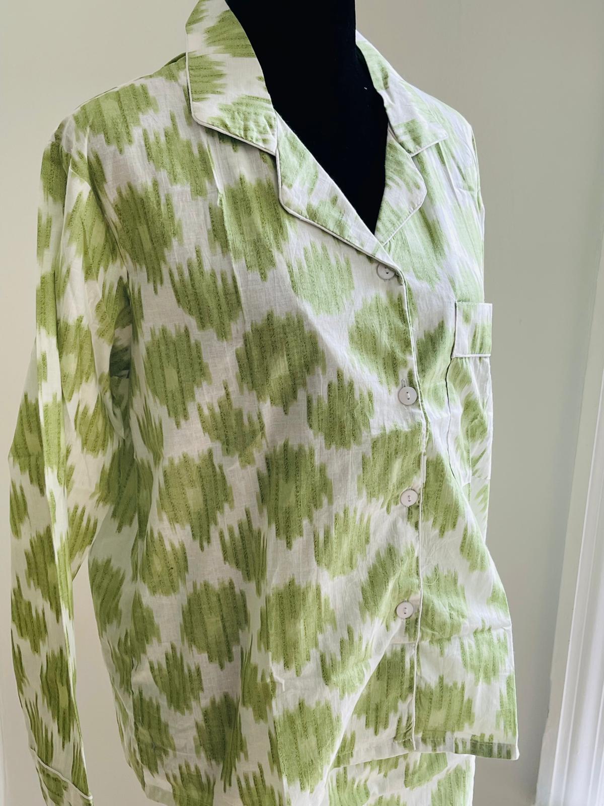 Green Hand Block Printed Long PJ Set