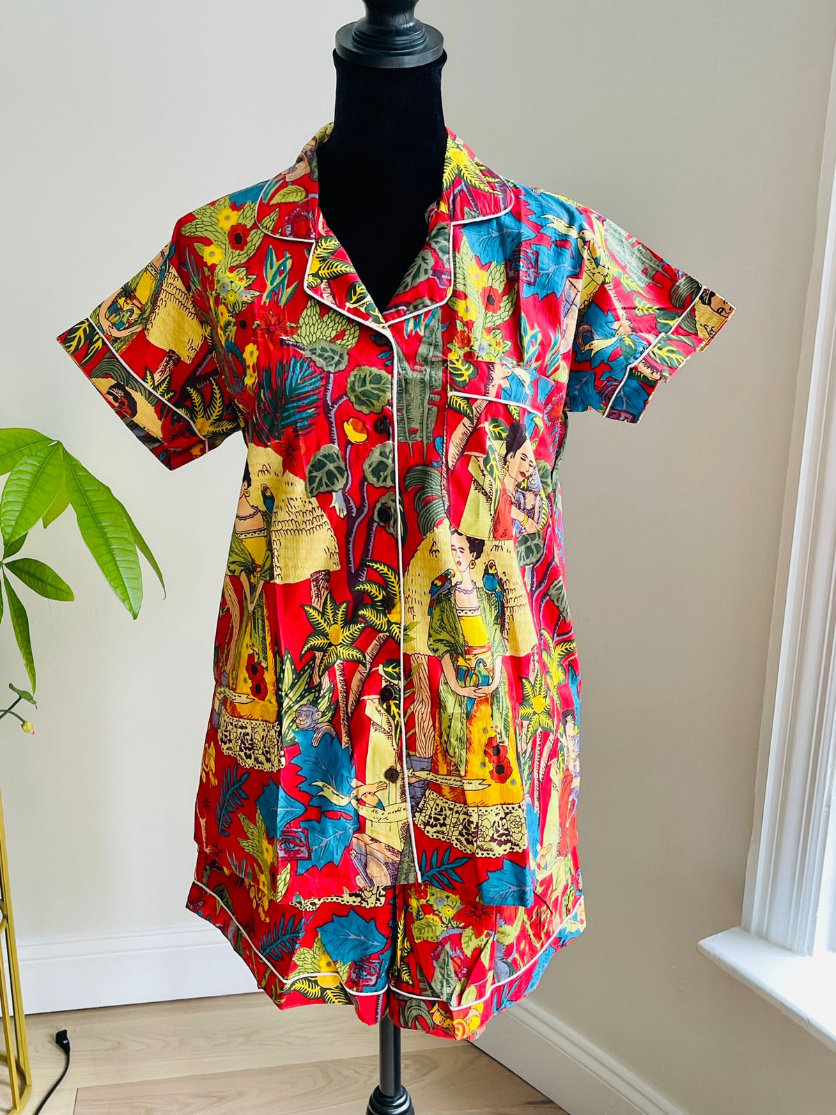 Vibrant Red Frida Kahlo & Botanical Jungle Block Print Cotton Shorts Set, Boho Sleepwear & Loungewear