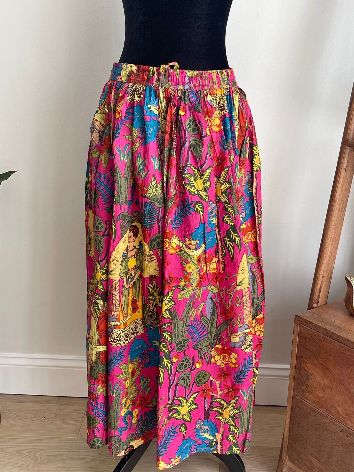 Hand Block Printed Frida Kahlo Cotton Skirt in Pink