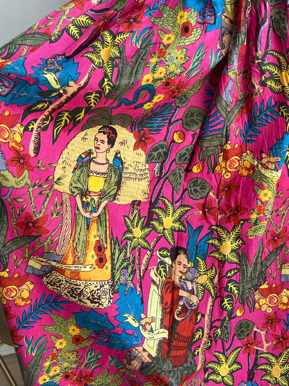 Hand Block Printed Frida Kahlo Cotton Skirt in Pink