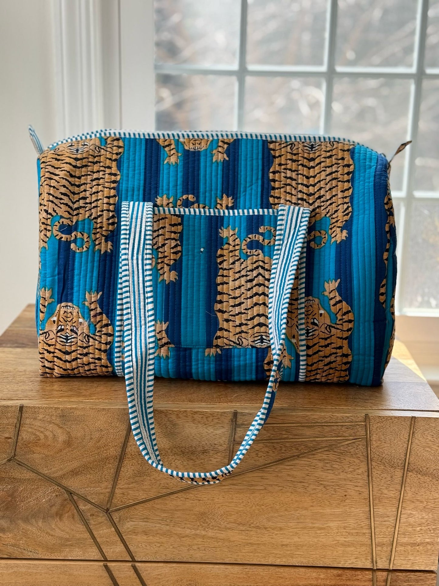 Block Printed Blue Duffel Bag