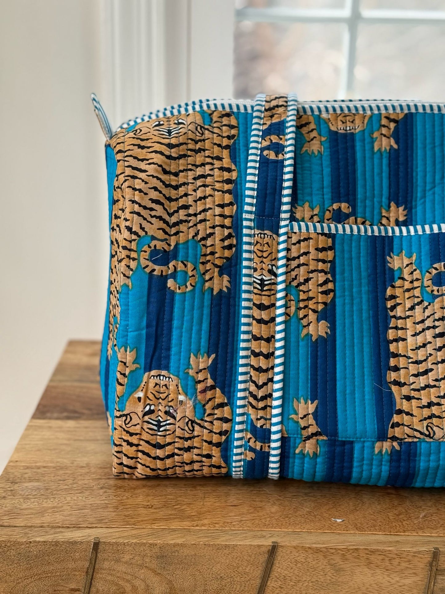 Block Printed Blue Duffel Bag