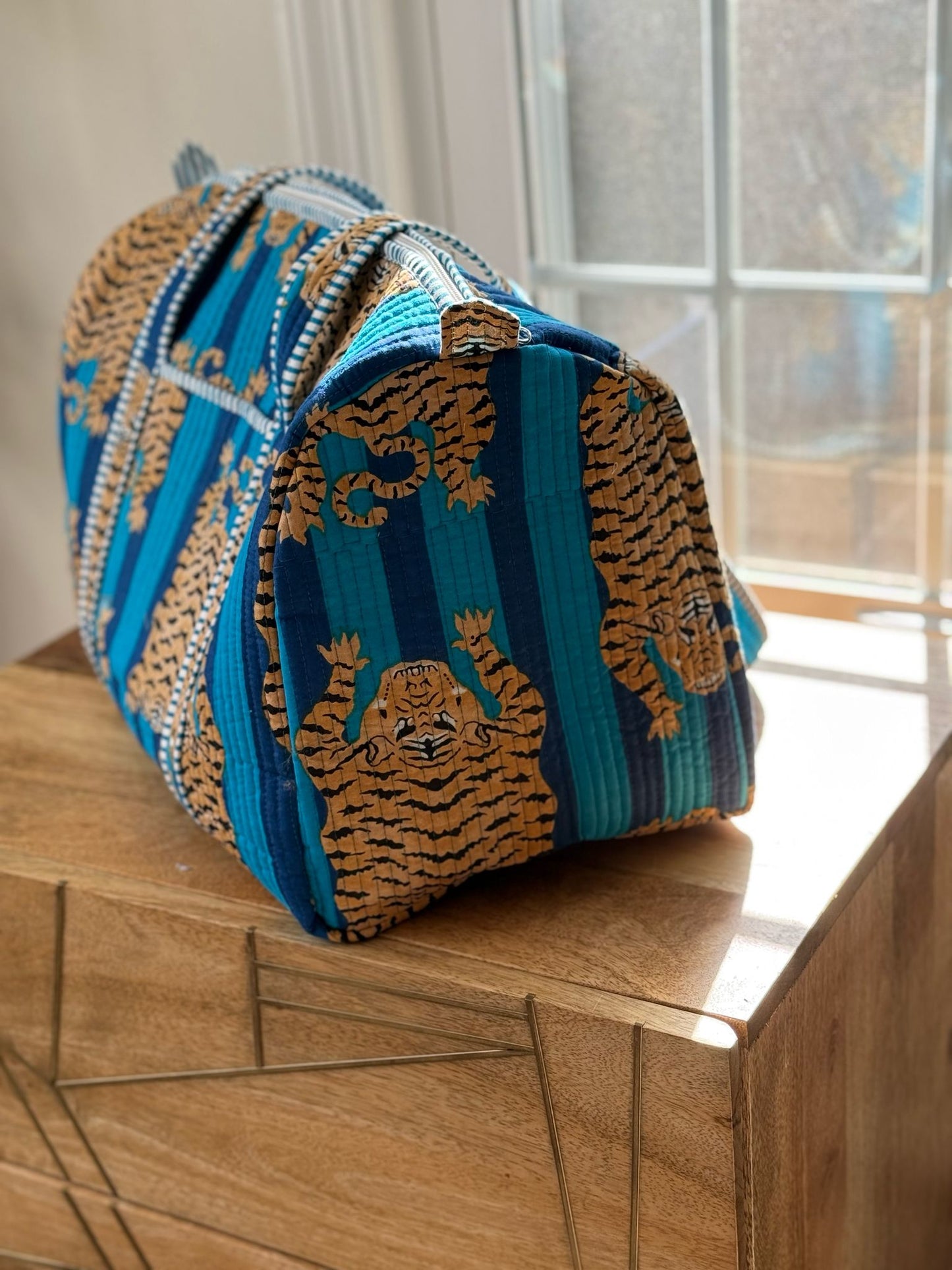 Block Printed Blue Duffel Bag