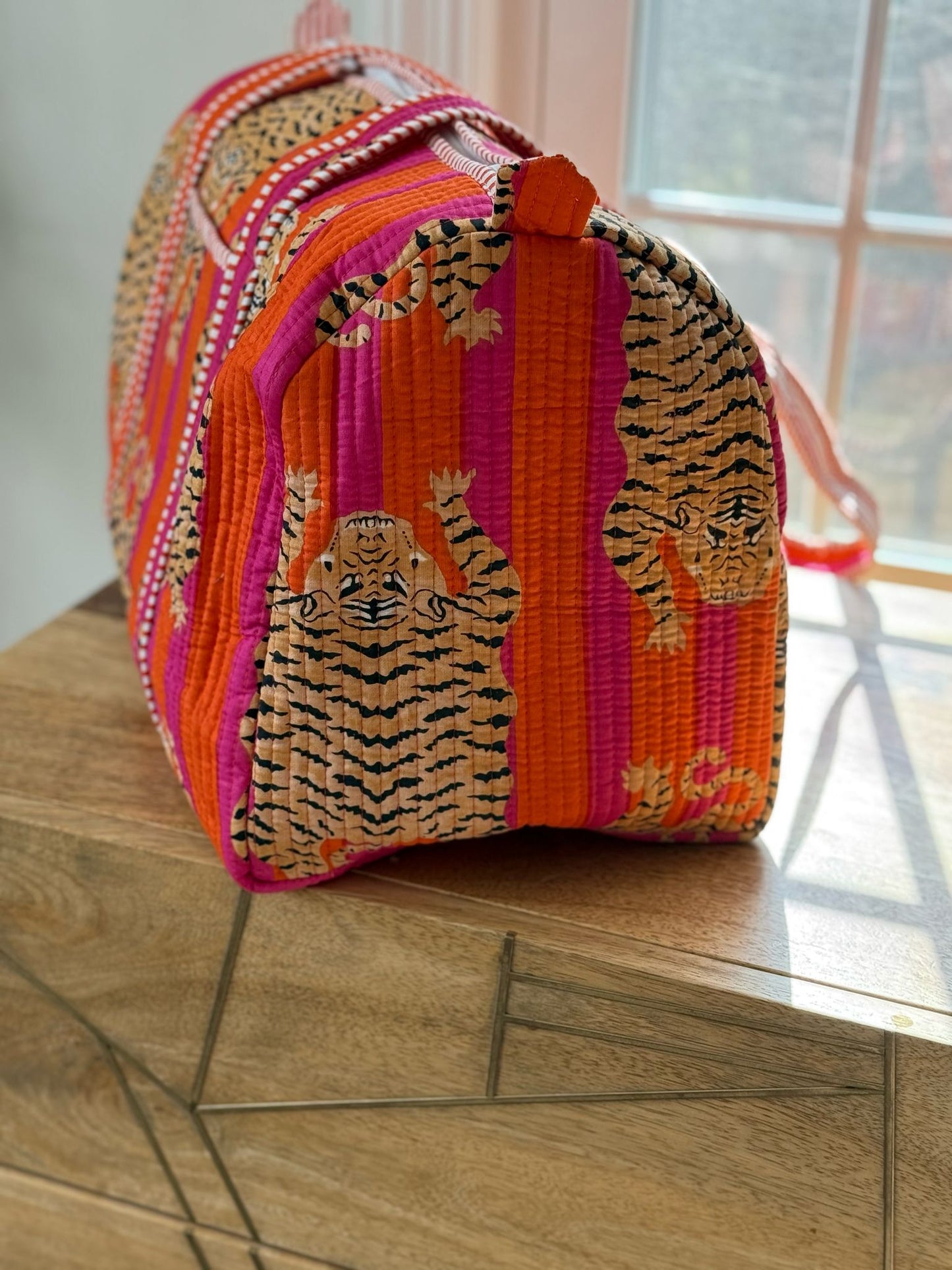 Block Printed Orange Duffle Bag