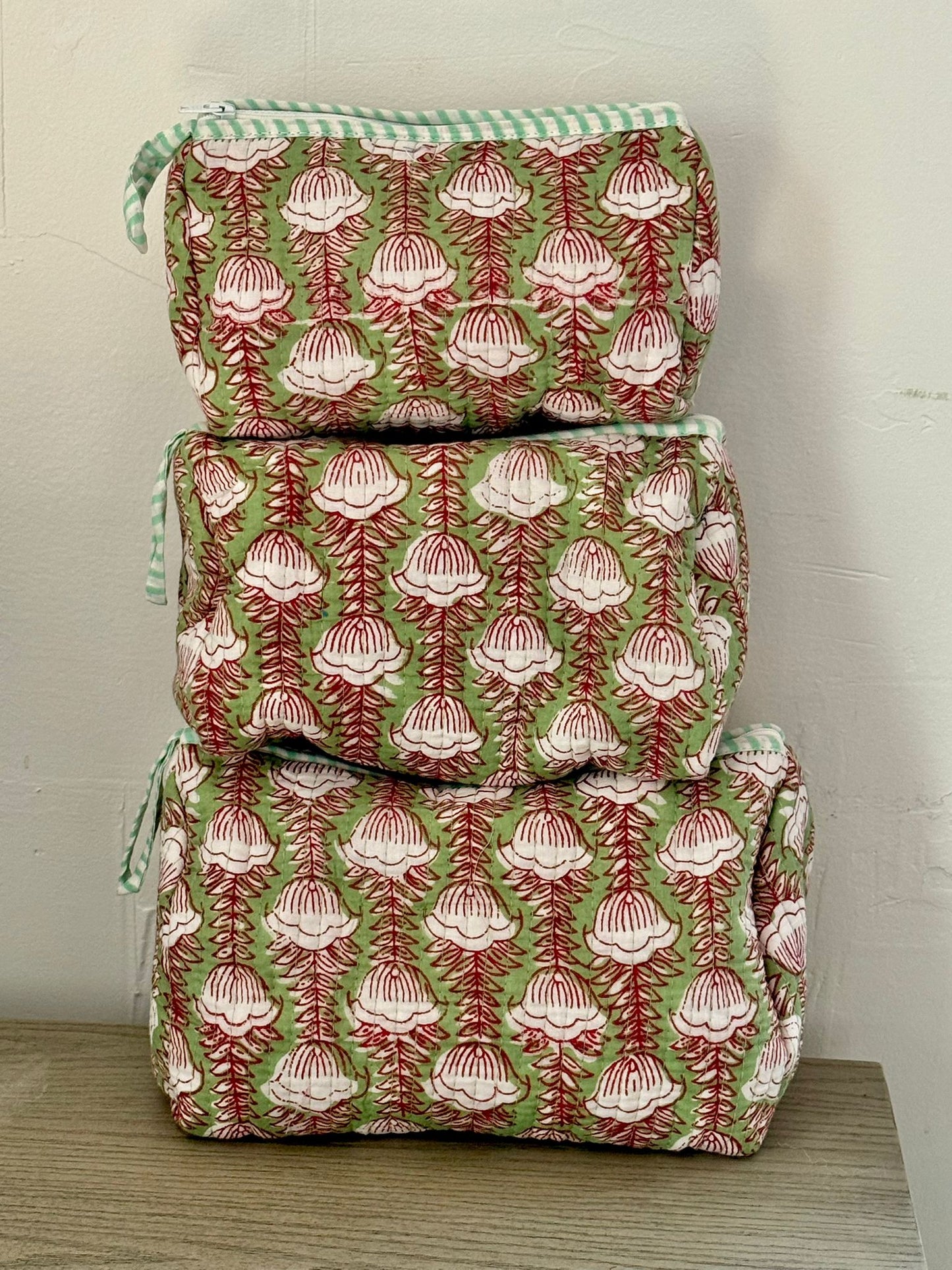 Green Block Printed Toiletry Bag - Set of 3