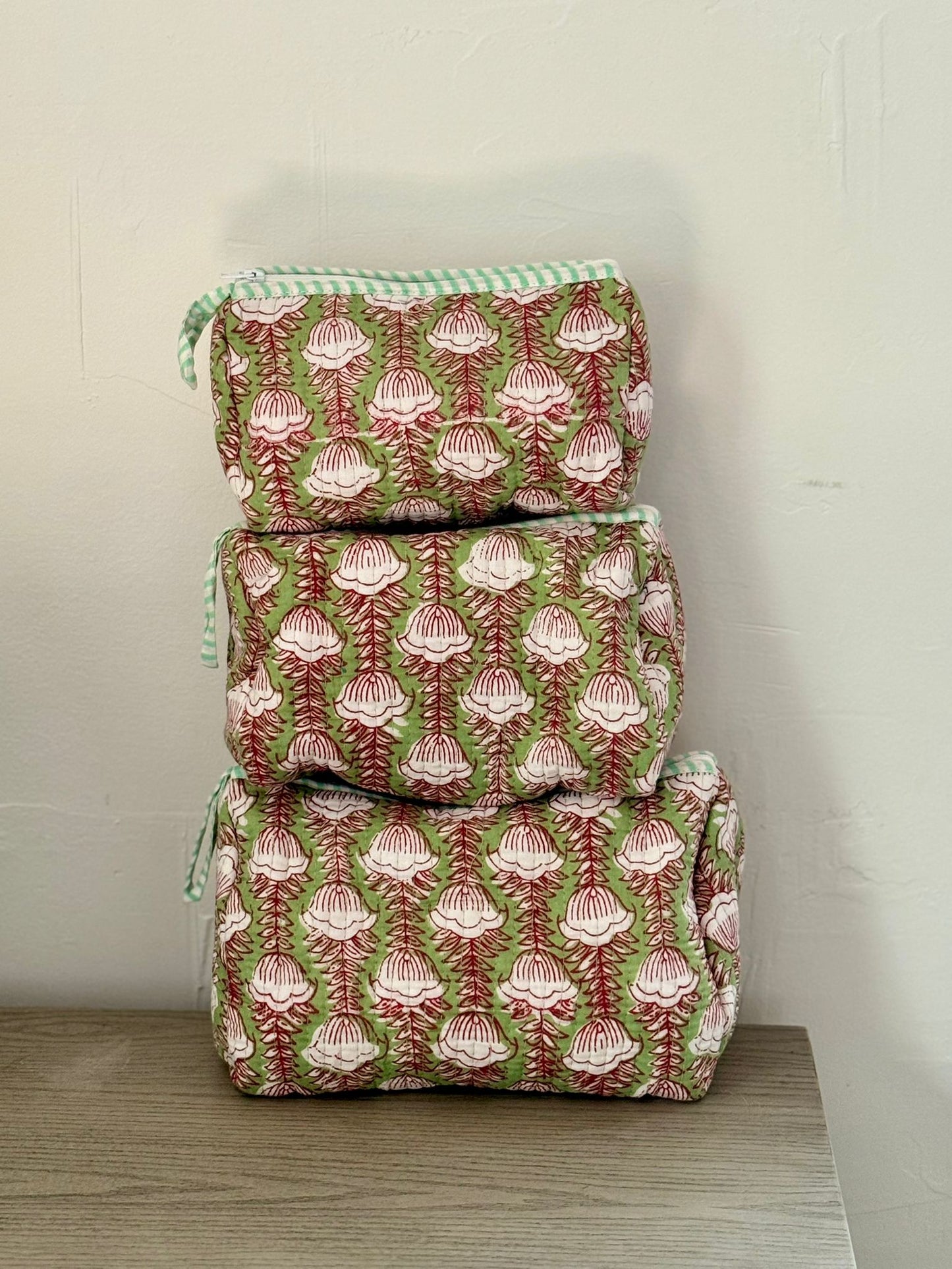 Green Block Printed Toiletry Bag - Set of 3