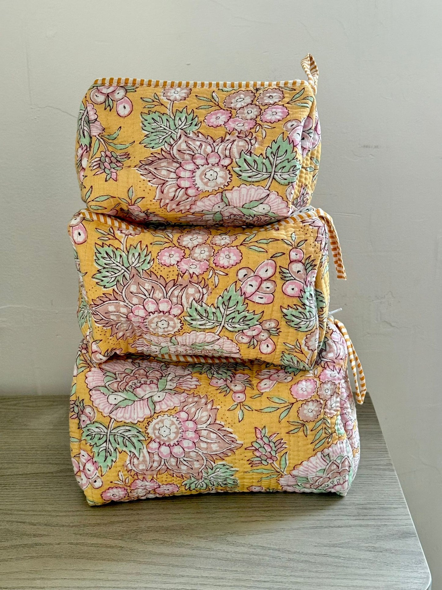 Yellow Block Printed Toiletry Bag - Set of 3