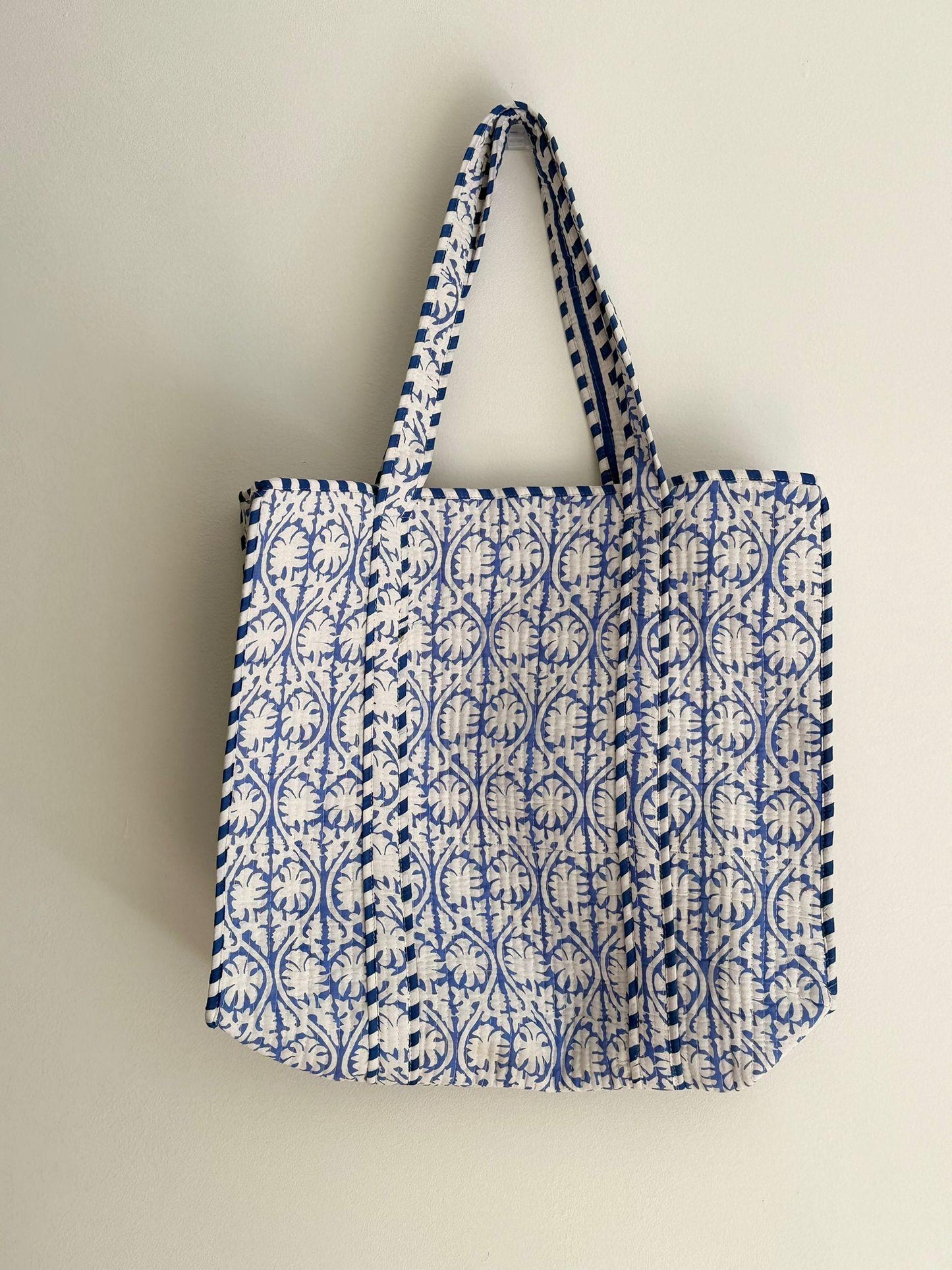 Baby Blue Block Printed Cotton Tote Bag
