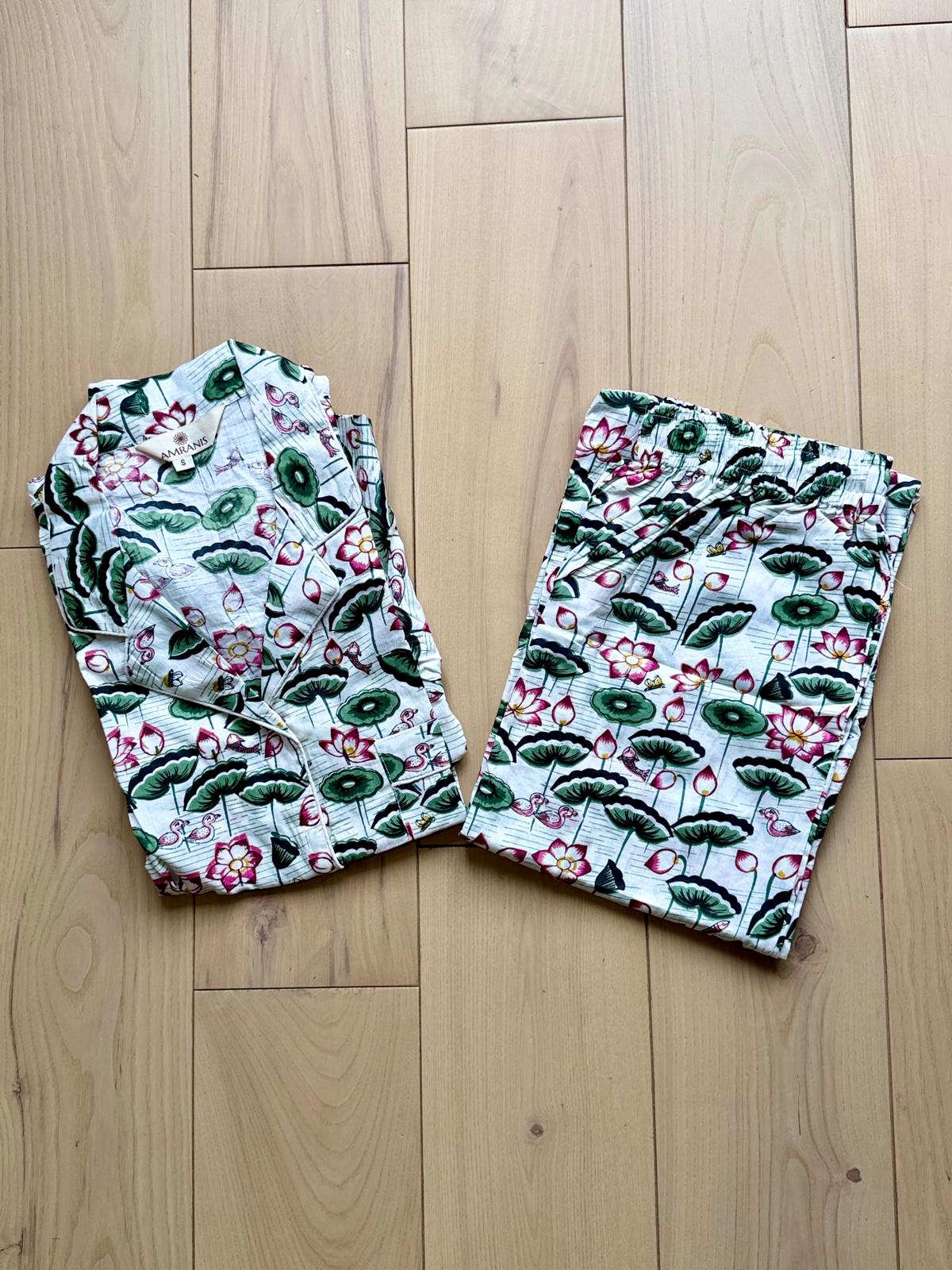 Handblock Print 100% Cotton Pajama Set for Women, Pink Lotus Botanical Sleepwear & Loungewear