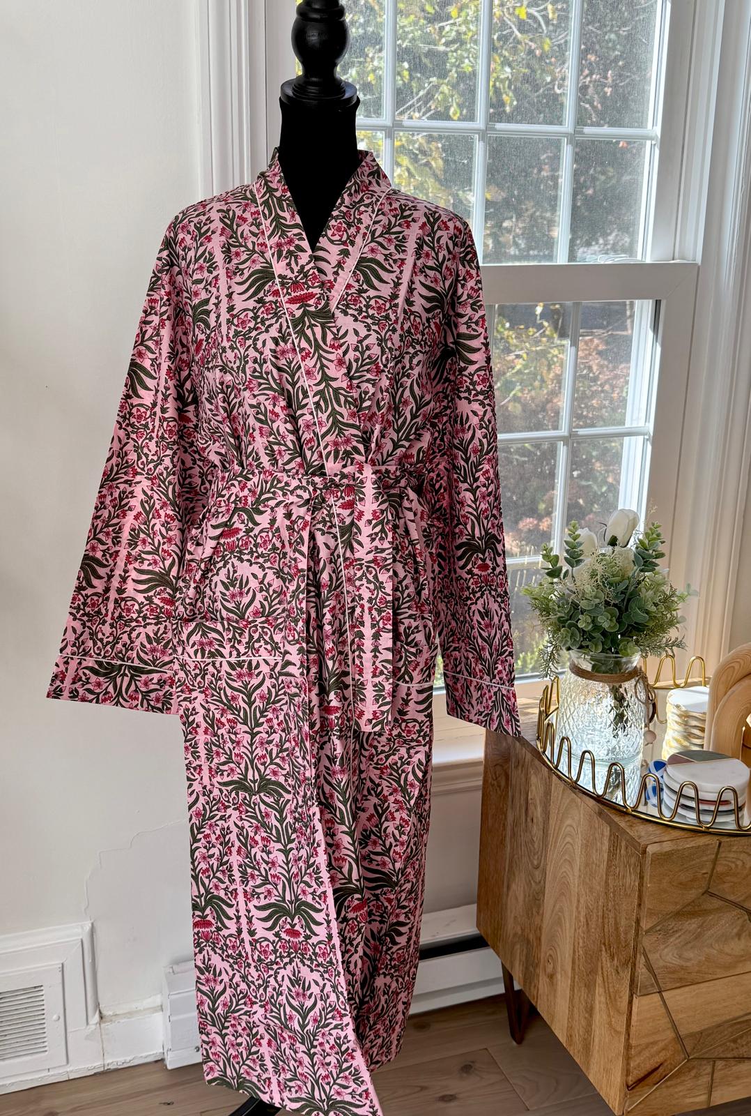 Dusty Rose Cotton Kimono Bathrobe | Olive Green Botanical Floral Motif Lounge & Spa Dress