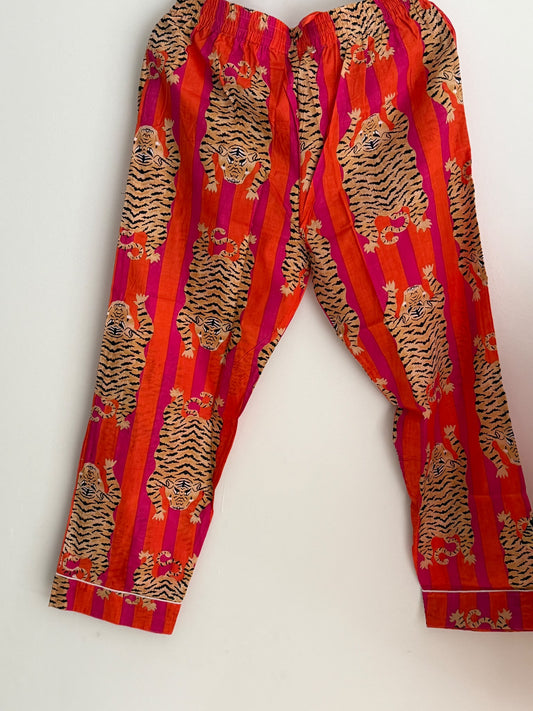 Orange & Pink Tiger Stripe Hand Block Print Cotton Pajama Set, Short Sleeve Nightwear & Loungewear, Christmas Gift for Her