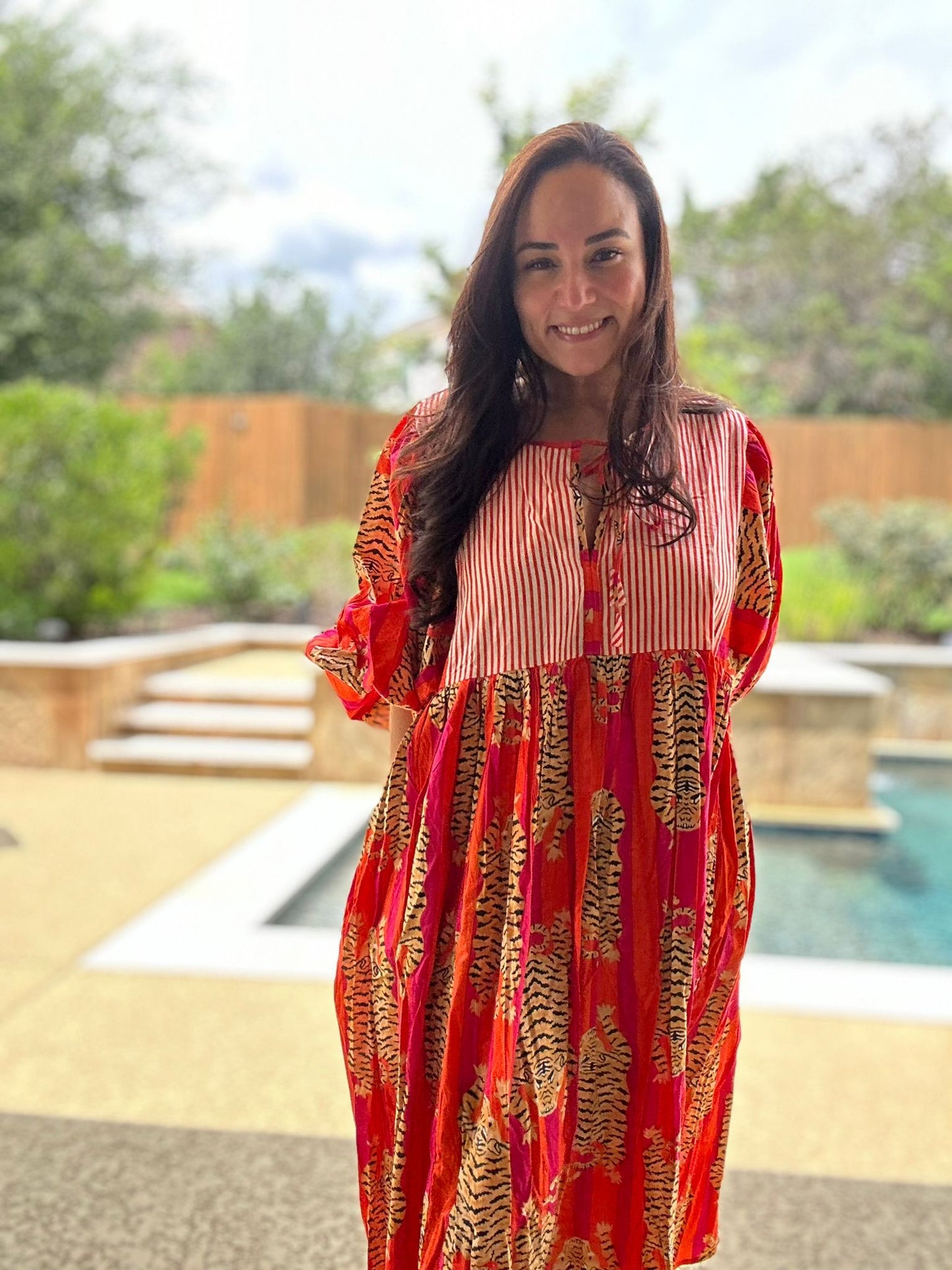 Tiger Block Printed Midi Dress - Orange