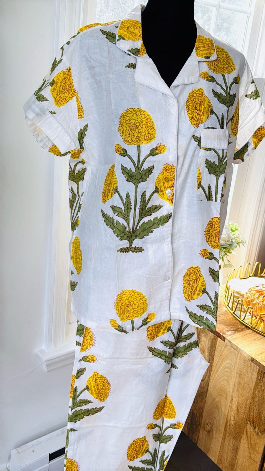 Short Sleeved Long PJ Set in Yellow Florals