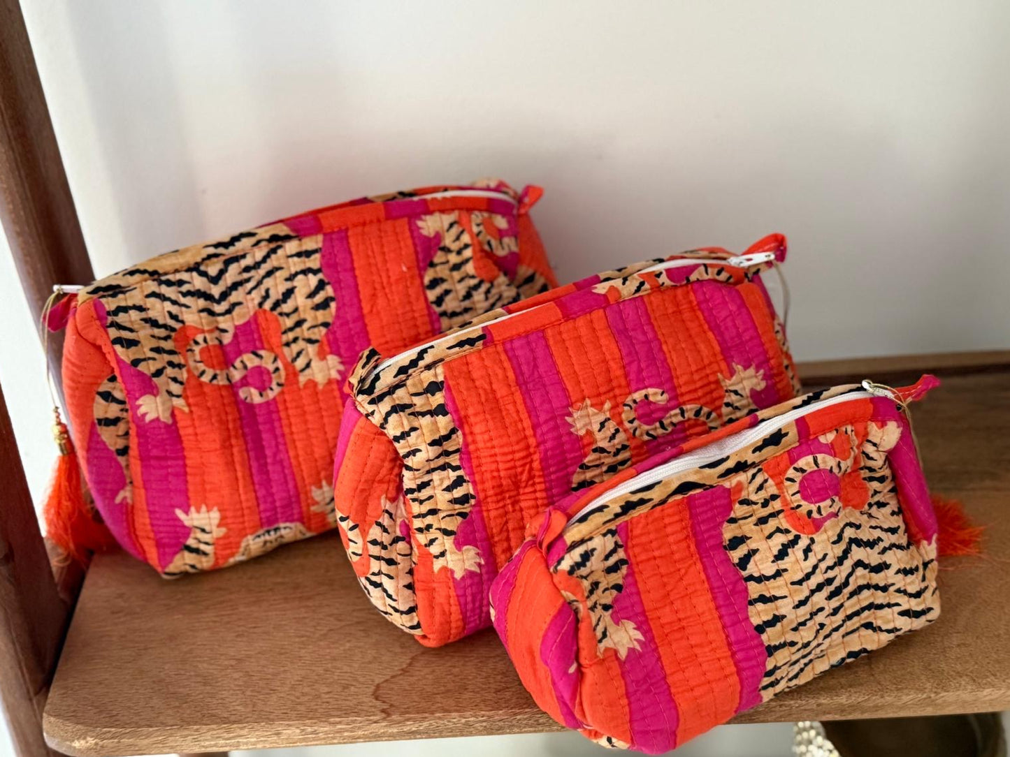 Orange Block Printed Toiletry Bag - Set of 3