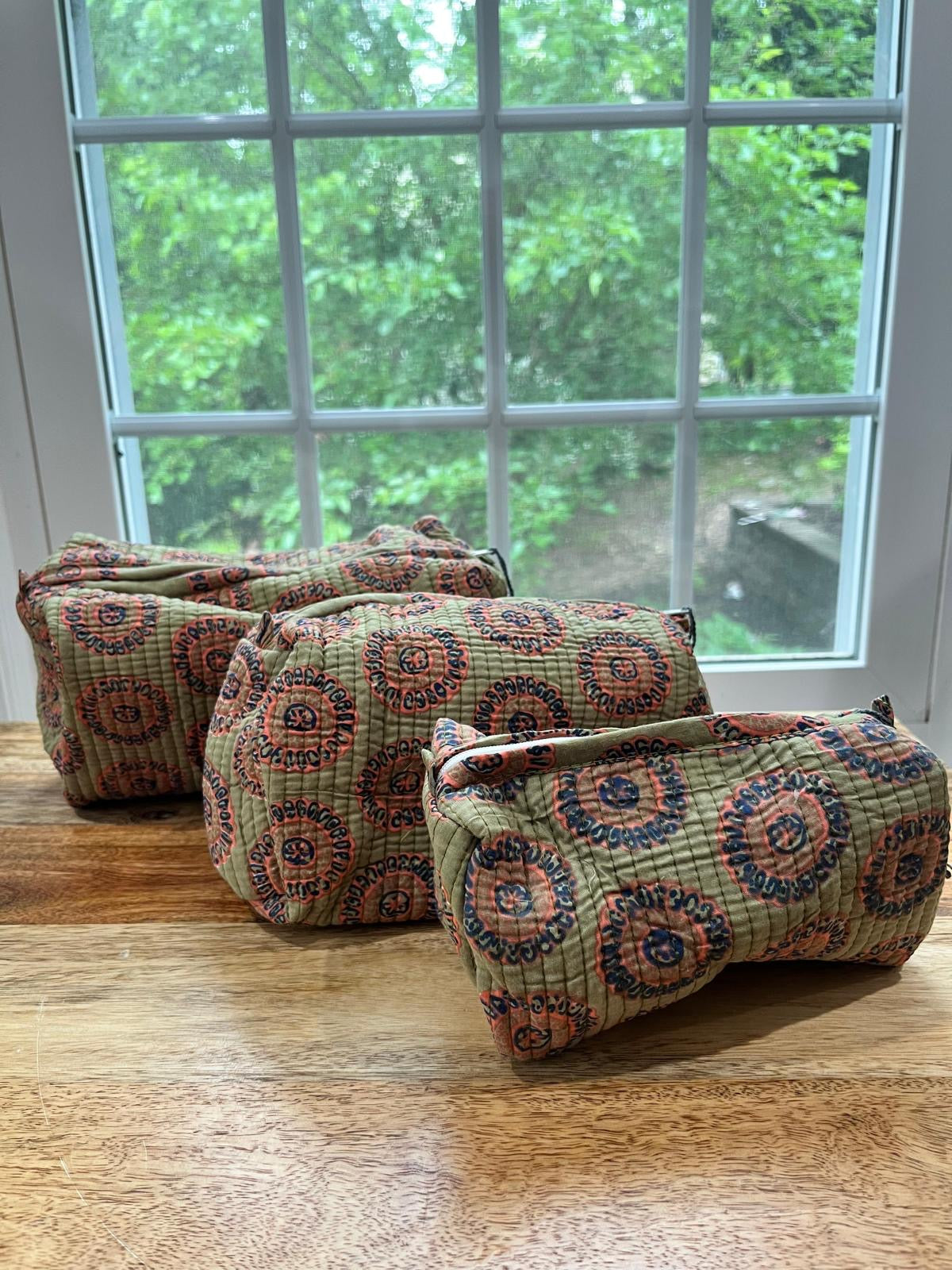 Green Block Printed Toiletry Bag - Set of 3