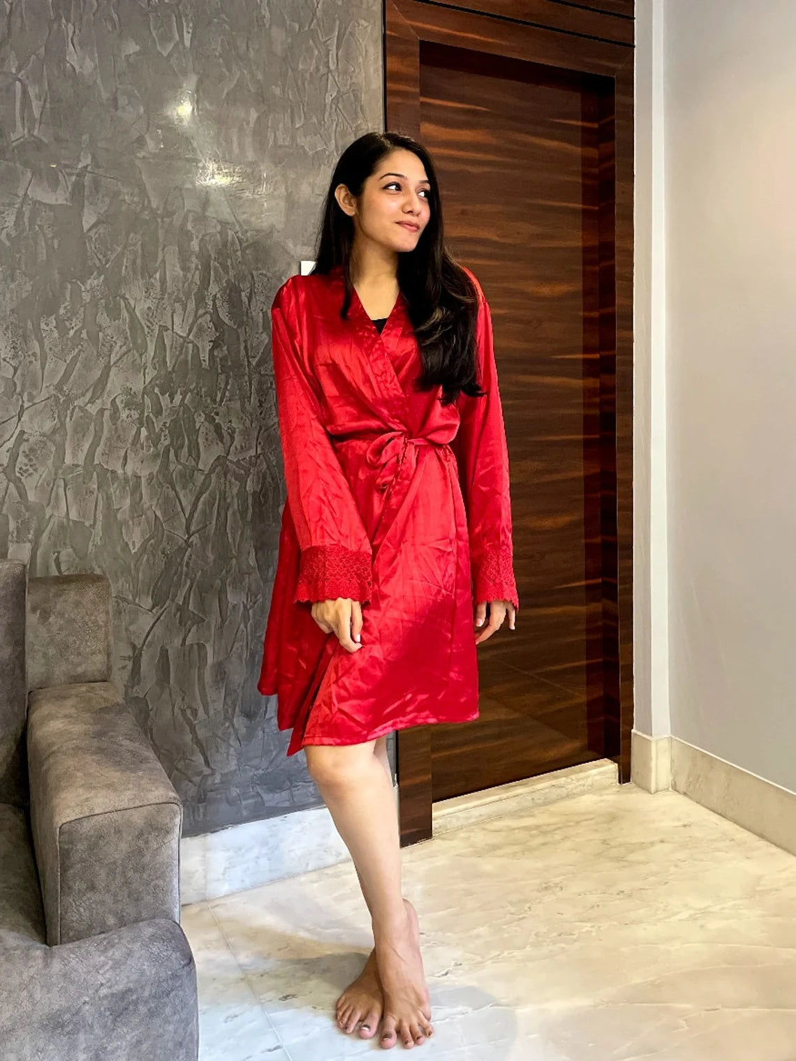 Silky Soft Satin Bathrobe - Red