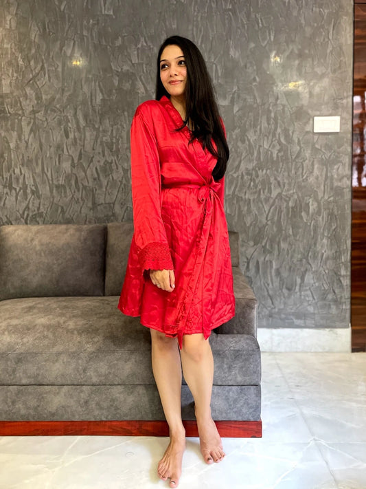 Silky Soft Satin Bathrobe - Red