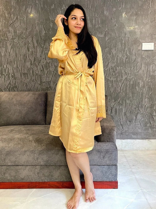 Silky Soft Satin Bathrobe - Yellow