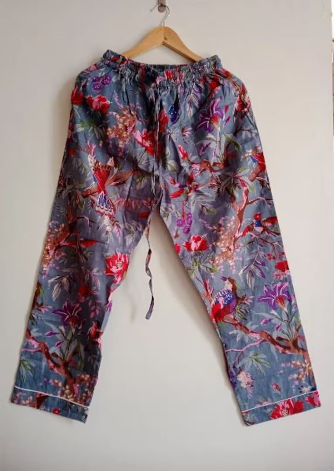 Grey Songbird & Floral Print Cotton Pajama Set, Botanical Sleepwear & Lounge Apparel, Thanksgiving Gift For Her