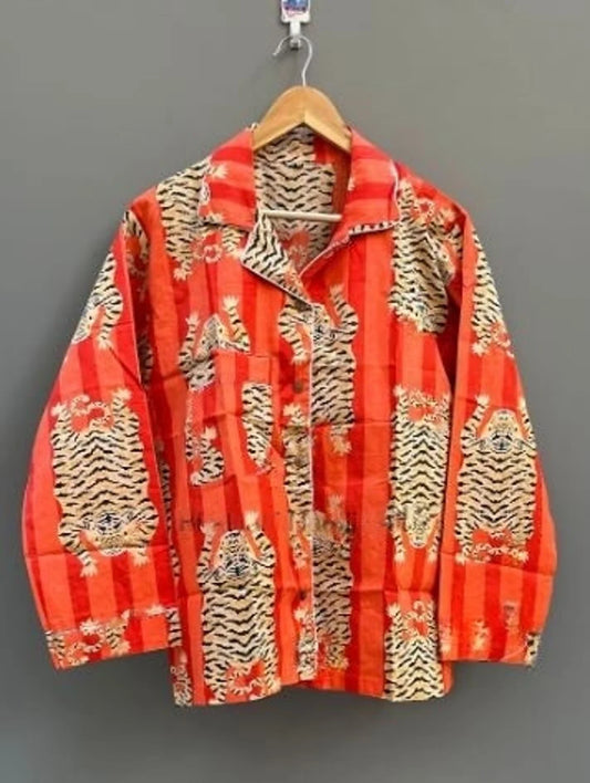 Orange Tiger Stripe Print Cotton Pajama Set, Bold Wild Animal Sleepwear & Loungewear, Block Print Pajama Set For Women