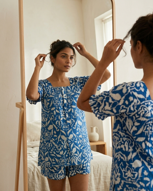Blue & White Square Neck Botanical Print Cotton Shorts Set, Square Button Placket Sleepwear & Loungewear