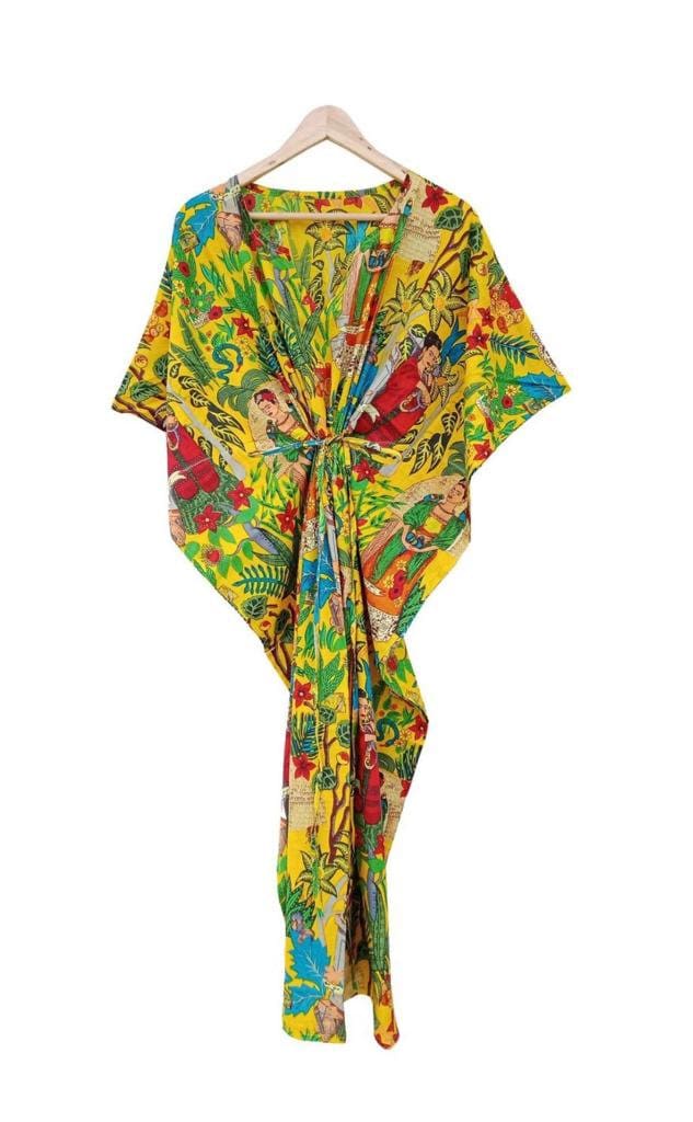 Block Printed Frida Kahlo Kaftan - Yellow