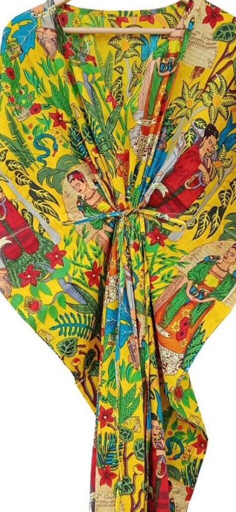 Block Printed Frida Kahlo Kaftan - Yellow