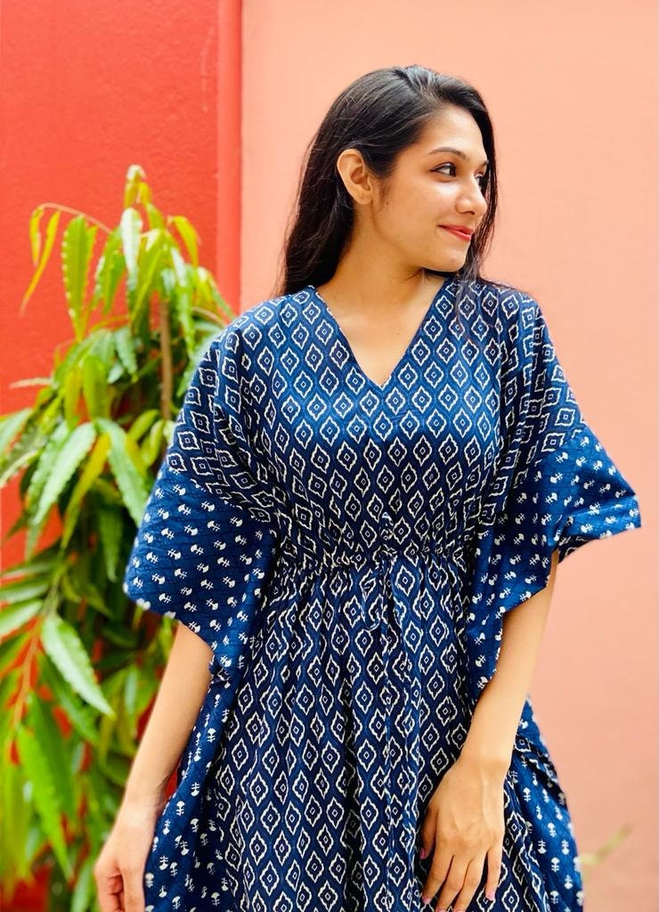Hand Block Printed Cotton Kaftan - Navy Blue