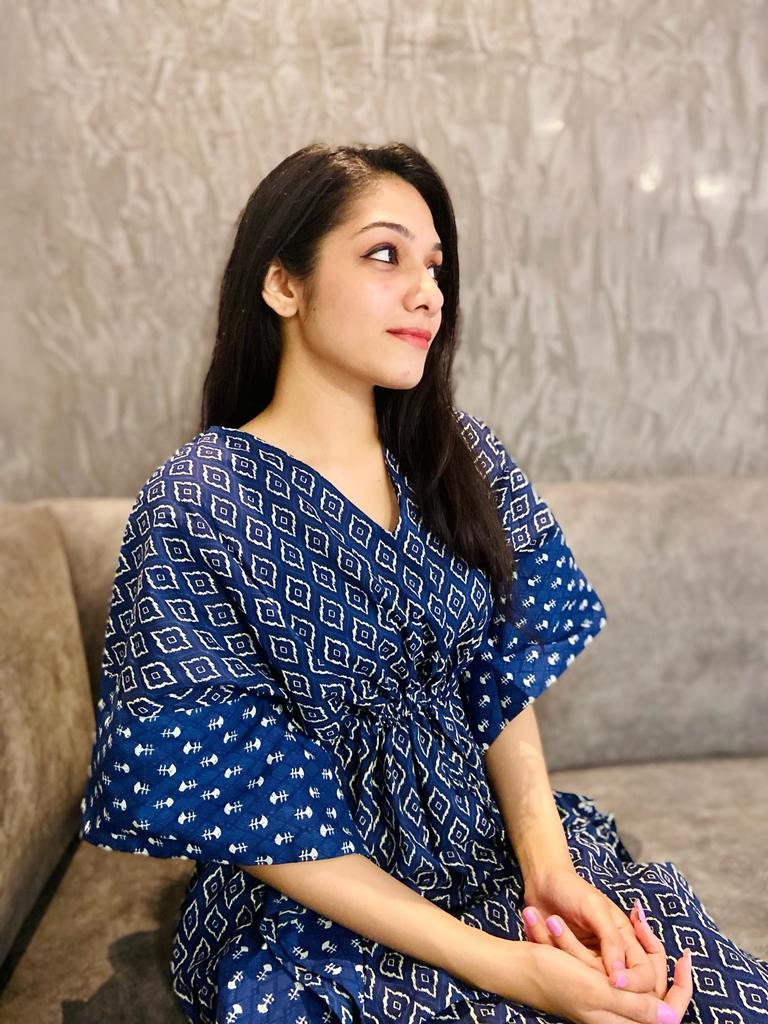 Hand Block Printed Cotton Kaftan - Navy Blue