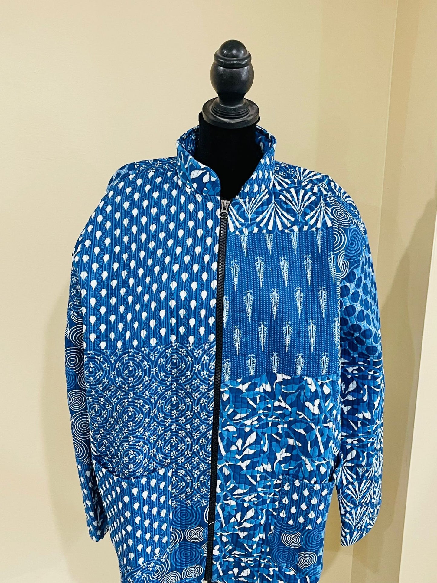 Handblock Print Fabric Quilted Jacket Short kimono Women Wear New Style Blue Flower Coat Gift For Her