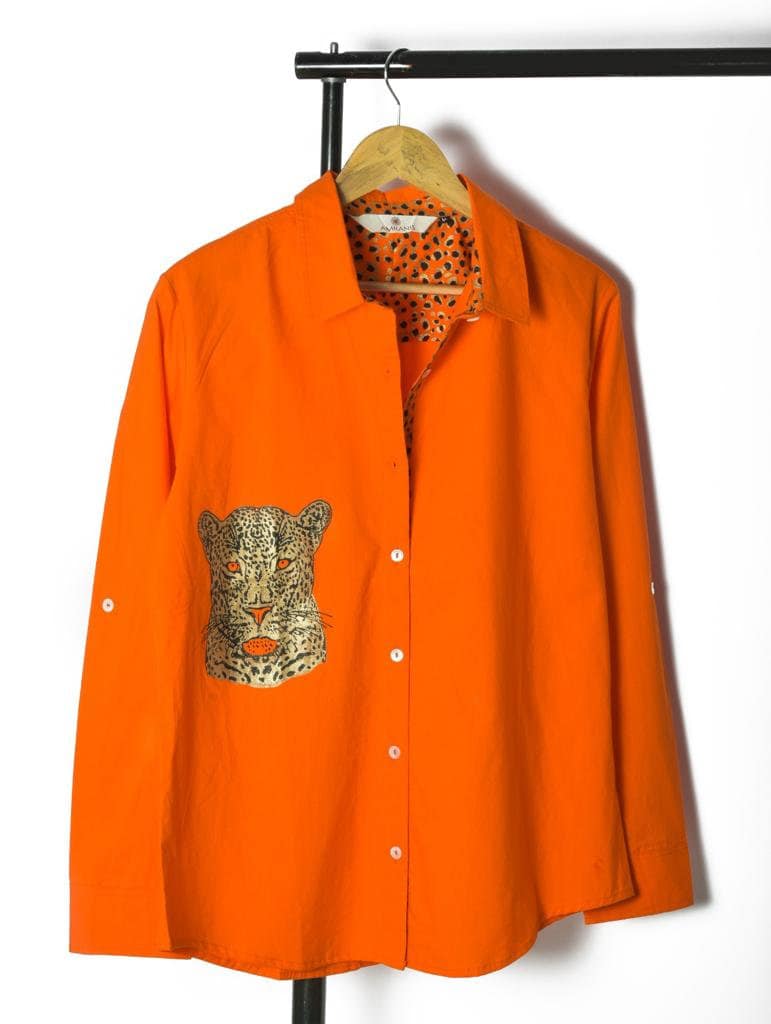Purple Cheetah Chic: Stand Collar Cotton Shirt