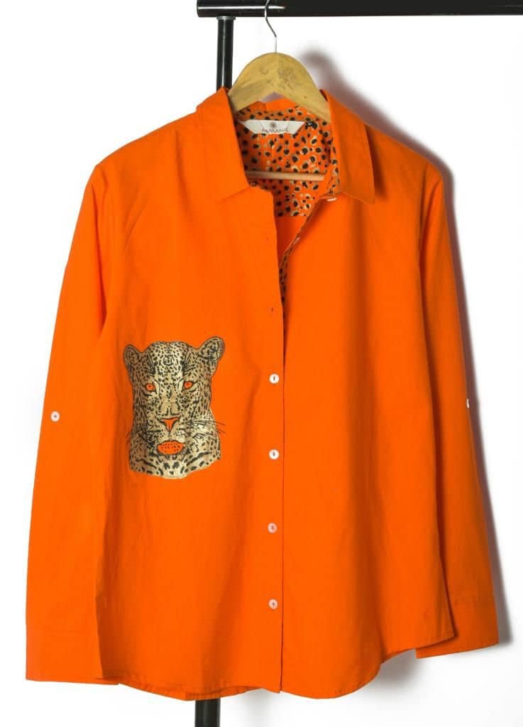 White Cheetah Chic: Stand Collar Cotton Shirt