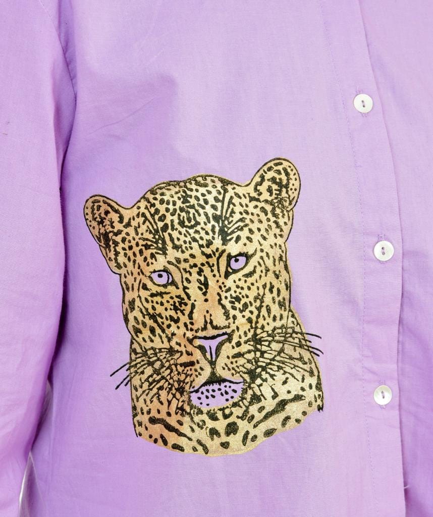 Purple Cheetah Chic: Stand Collar Cotton Shirt