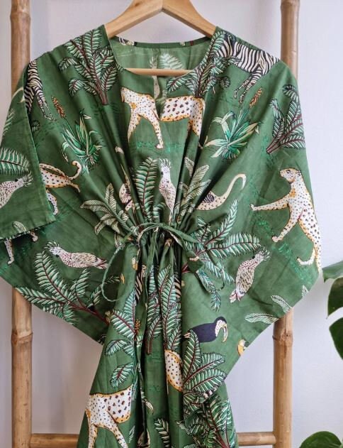 Hand Block Printed Cotton Kaftan in Jungle Green