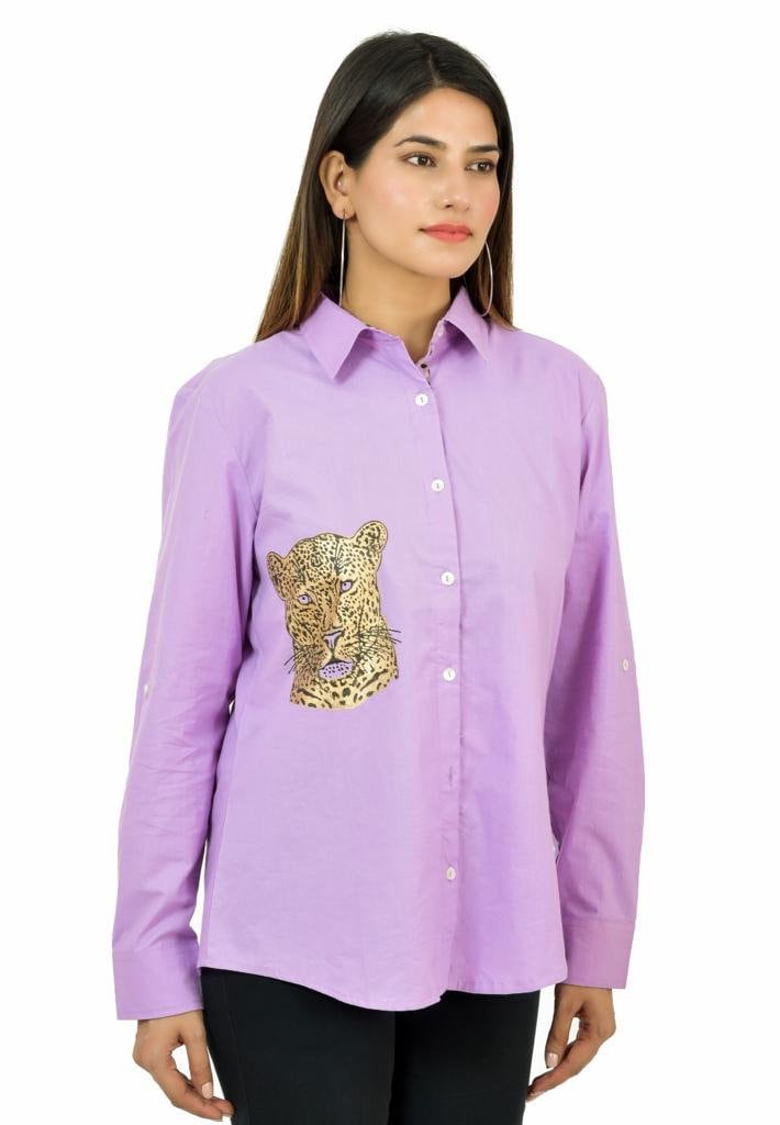 Purple Cheetah Chic: Stand Collar Cotton Shirt