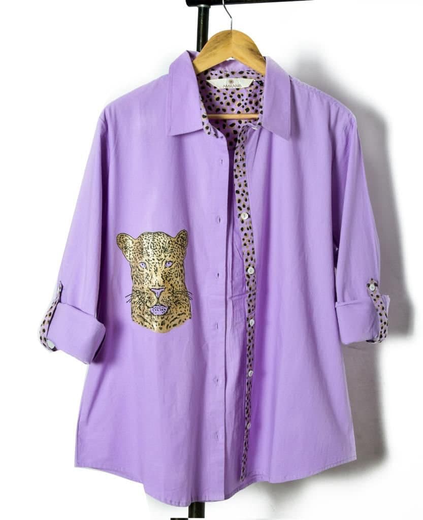 Purple Cheetah Chic: Stand Collar Cotton Shirt