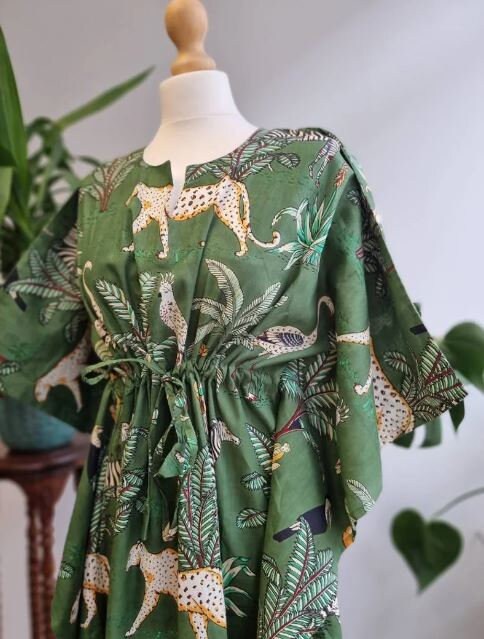 Hand Block Printed Cotton Kaftan in Jungle Green