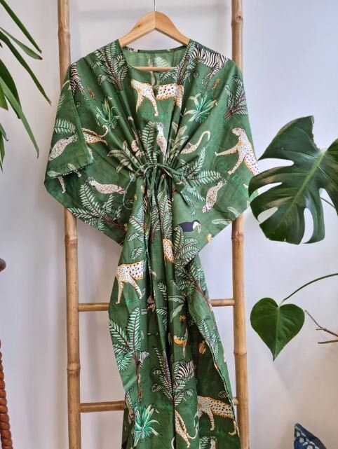 Hand Block Printed Cotton Kaftan in Jungle Green