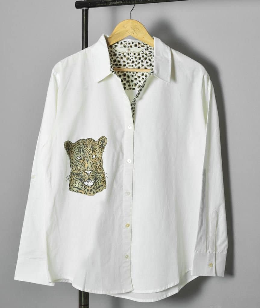 White Cheetah Chic: Stand Collar Cotton Shirt