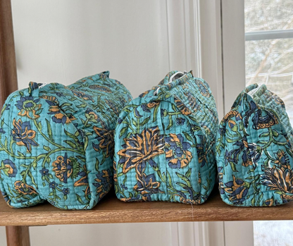Block Printed Toiletry Bag in Floral Blue - Set of 3