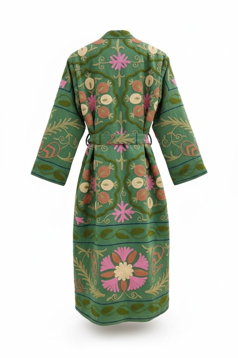 Suzani Embroidery Bath Robe in Green