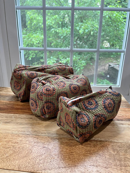 Green Block Printed Toiletry Bag - Set of 3