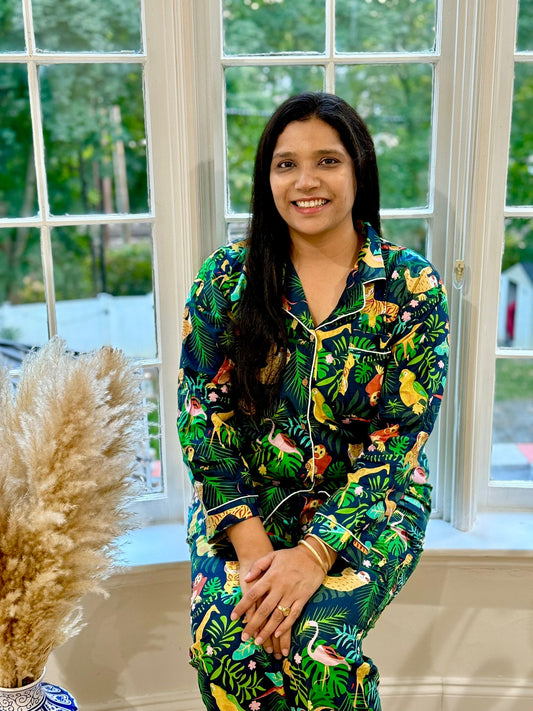 Navy Blue Wildlife & Jungle Animals Cotton Pajama Set, Dark Botanical Sleepwear & Loungewear Block Print Pajama Set