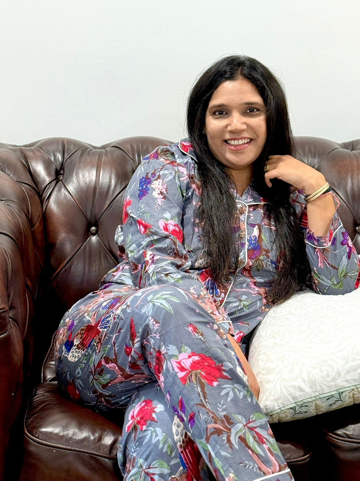 Grey Songbird & Floral Print Cotton Pajama Set, Botanical Sleepwear & Lounge Apparel, Thanksgiving Gift For Her