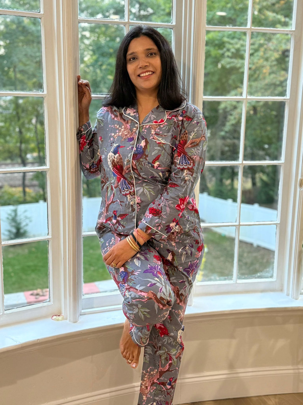 Grey Songbird & Floral Print Cotton Pajama Set, Botanical Sleepwear & Lounge Apparel, Thanksgiving Gift For Her